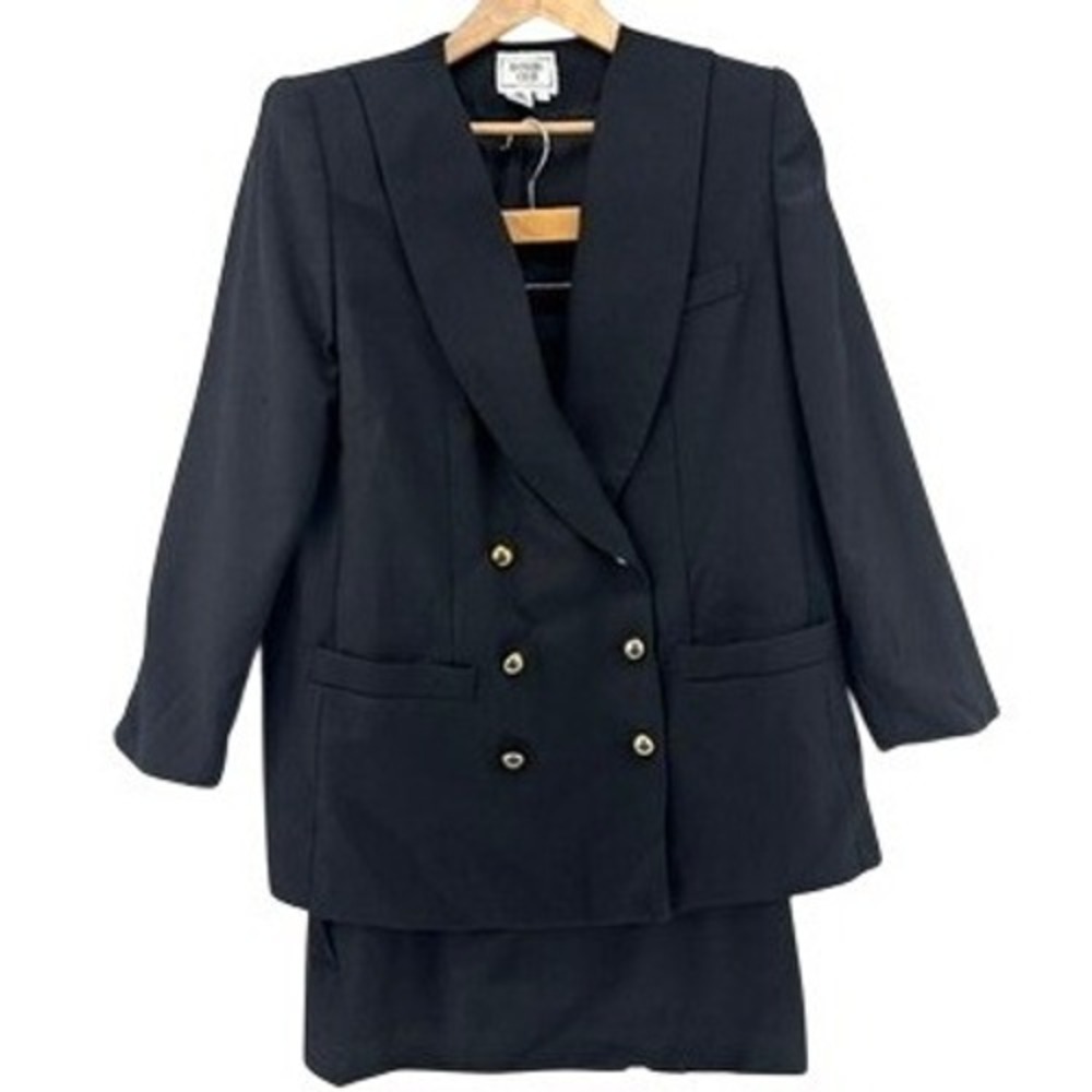 VTG Bankers Club Black 100% Wool Double Breasted Skirt Suit SZ 16 Careercore 80s